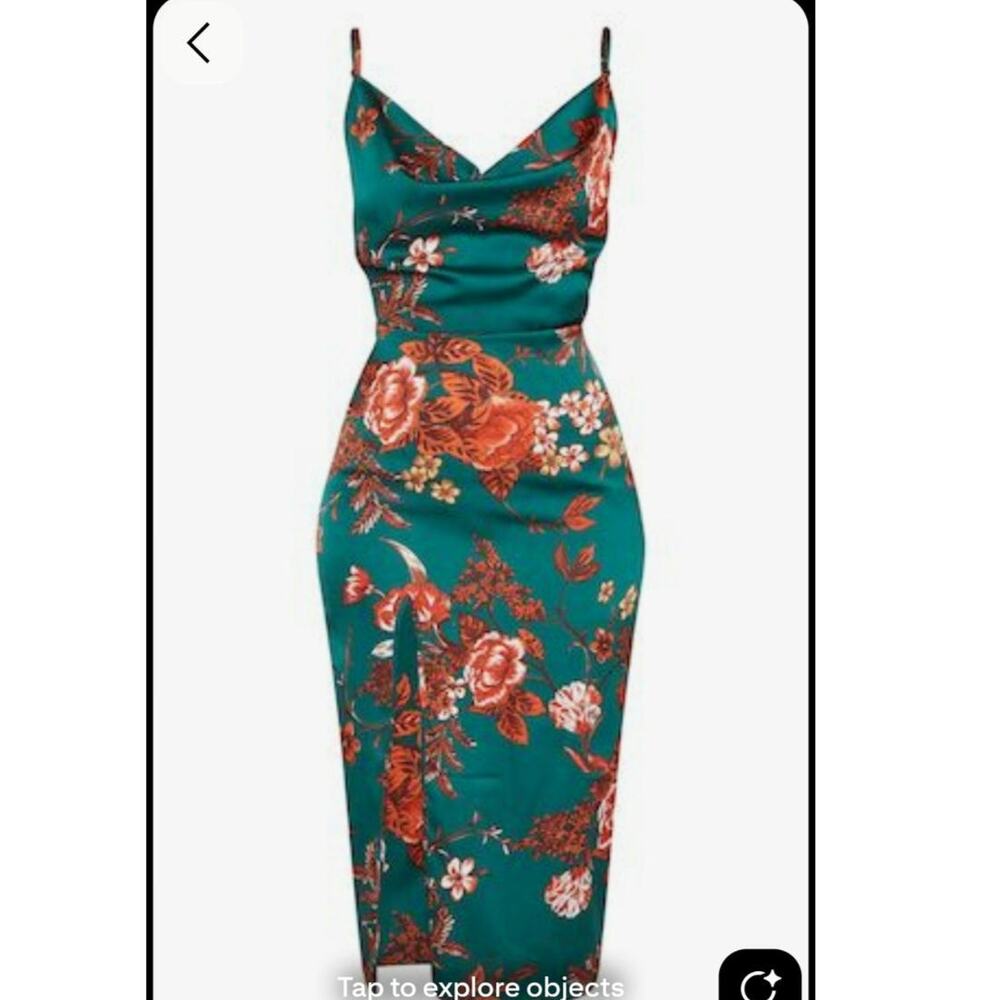 Dark Botanical /PrettyLittleThing Emerald Green Floral Cowl Neck Midi Dress.